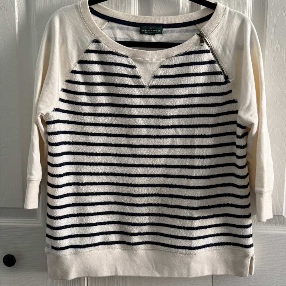 Lauren Ralph Lauren Navy and Cream Striped Crew Neck Sweater
